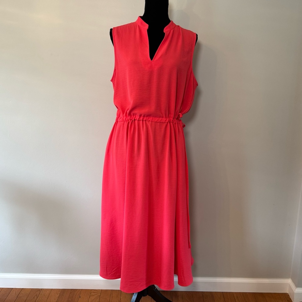 Anne Klein Dress Women’s 16 Coral / Pink Cinched Waist with Tie on Side V Neck